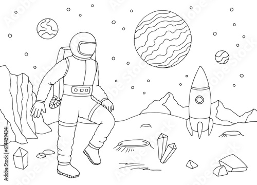 Spaceman astronaut walking on alien planet. Graphic black and white space landscape sketch illustration vector. 