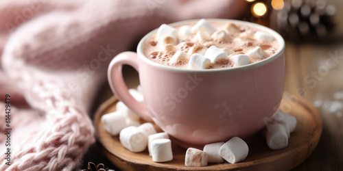 Cup of coffee with marshmallows on table closeup, hot beverage