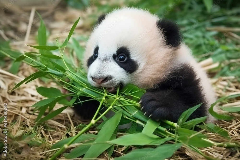 Obraz premium Panda eating bamboo, Adorable baby animal (Ai generated)