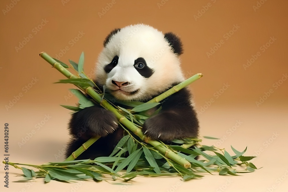 Fototapeta premium Panda eating bamboo, Adorable baby animal (Ai generated)