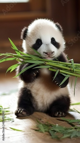 Panda eating bamboo, Adorable baby animal (Ai generated)