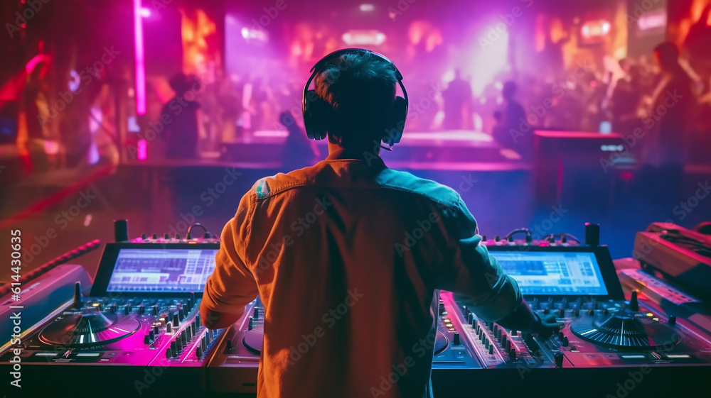 unrecognizable man dj wearing headphones cover playing music on a mixer table in a disco club, Generative AI unrecognizable man dj wearing headphones cover playing music on a mixer table in a disco club, Generative AI