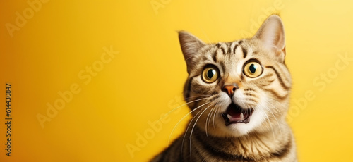 Shocked tabby cat looking to side at blank copy space, on bright yellow background. AI generative. © paffy