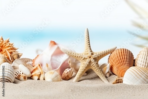 Seashell and starfish on the sand  Beach sea themed  Ai generated 
