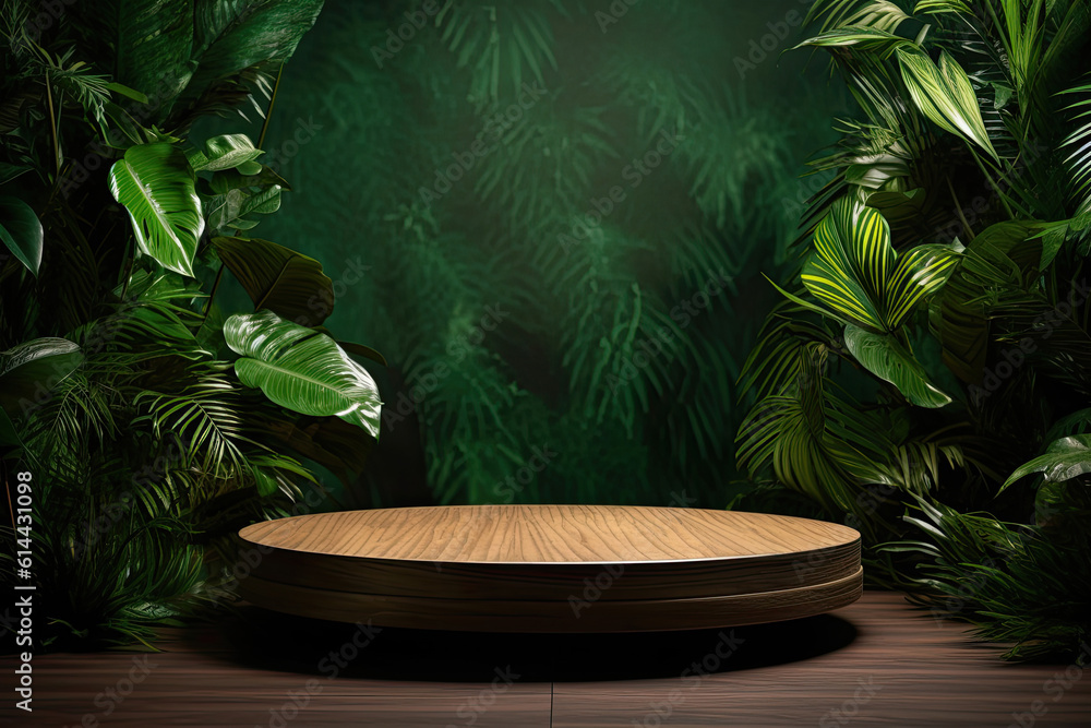 An empty wooden plate in front of a tropical leaf theme product stage for displaying products. An empty wooden plate in front of a tropical leaf theme product stage for displaying products.
