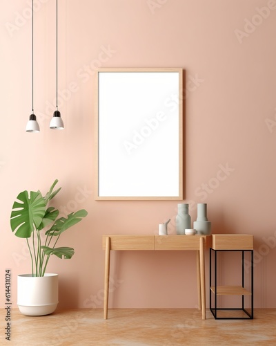 Blank poster mockup  off pastel light colors walls  wood colored frame  Generative Ai