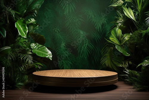 An empty wooden plate in front of a tropical leaf theme product stage for displaying products.