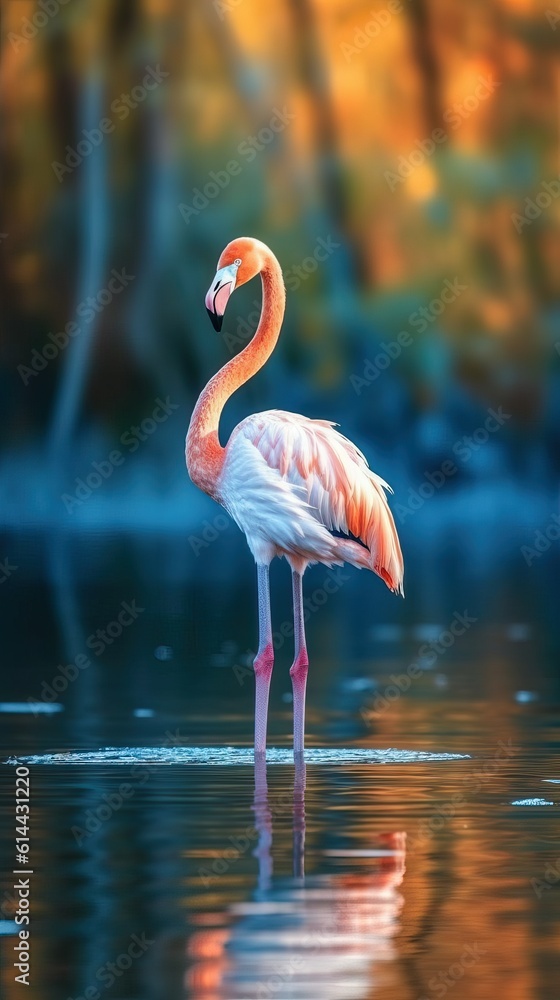Fototapeta premium Flamingo standing in the water, natural scene (Ai generated)