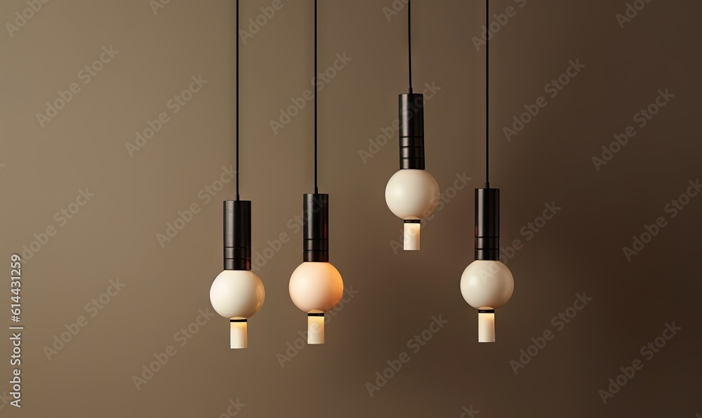 a group of three lights hanging from a ceiling mounted light fixture in a room with a brown wall behind it and a white wall behind it. generative ai a group of three lights hanging from a ceiling mounted light fixture in a room with a brown wall behind it and a white wall behind it. generative ai