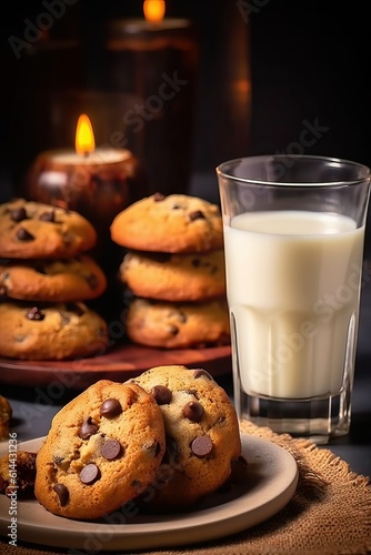 Chocolate chip cookie with glass of milk  Ai generated 
