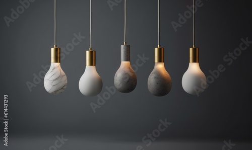  a group of light bulbs hanging from a line of lightshades with marble and brass fixtures hanging from the ceiling of a dark room. generative ai