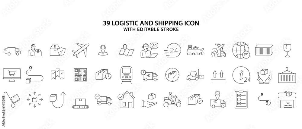 Logistic And Shipping icon set. Delivery line icons set. Shipping icon collection. Set of 39 line icons related to Logistic, Shipping, And Delivery. Vector Illustration. Editable stroke.