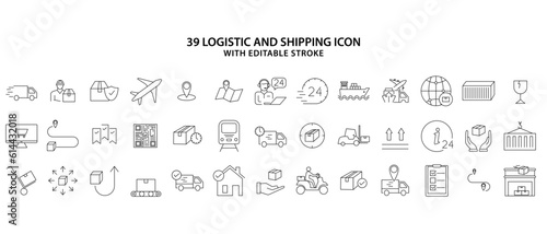 Logistic And Shipping icon set. Delivery line icons set. Shipping icon collection. Set of 39 line icons related to Logistic, Shipping, And Delivery. Vector Illustration. Editable stroke.