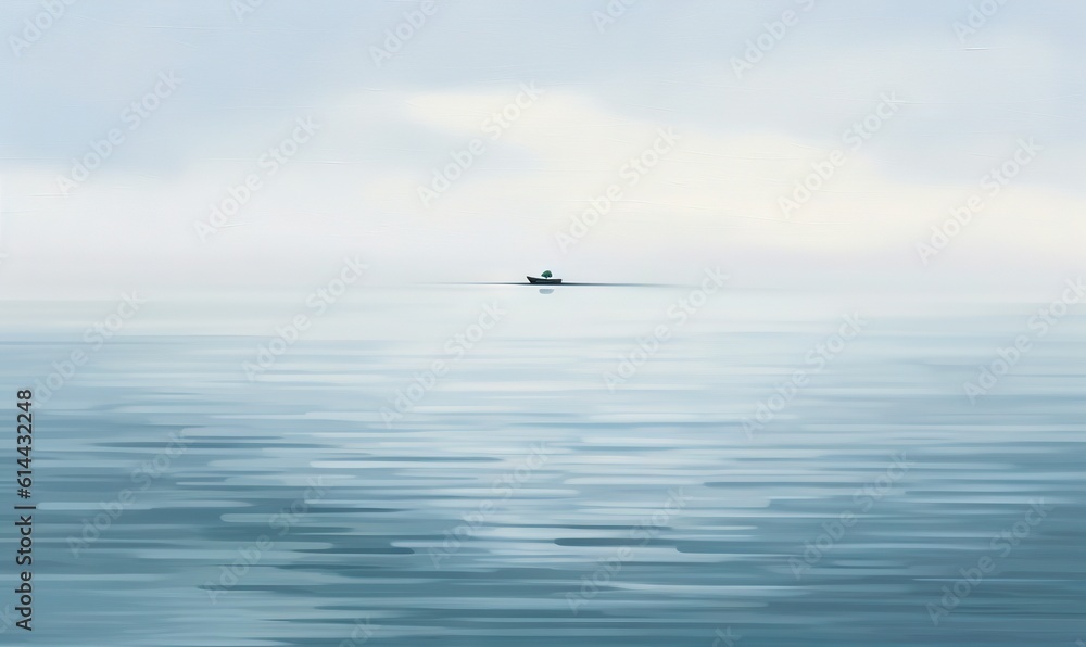  a small boat floating in the middle of the ocean on a foggy day with a boat in the distance in the distance is a distant horizon.  generative ai