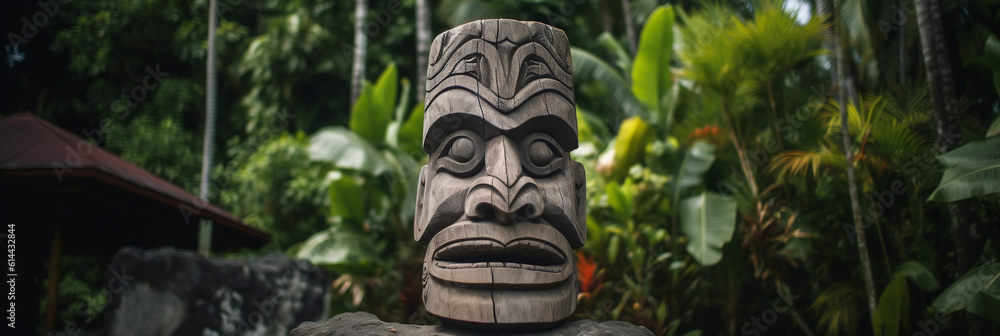 stone statue of god on islands of tahiti tiki mask on background of nature, Generative AI - obrazy, fototapety, plakaty 