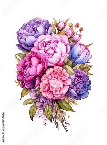 Bouquet of colored peonies on white background in watercolor style. Generative AI.