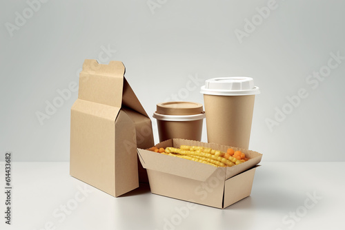 Delivery containers for takeaway food. Paper coffee cup with packed food. Generative Ai.