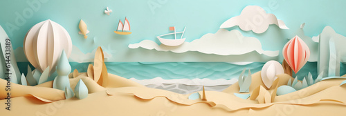 Abstract paper art of summer seascape with sea water splash and beach accessories on the beach  Generative AI