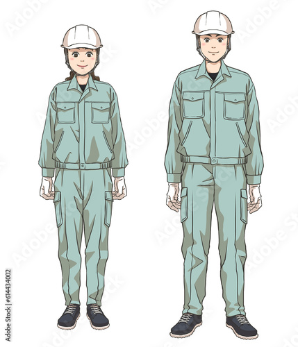 A couple of maintenance staff wearing a helmet