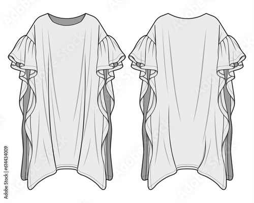 Modesty Dress, Butterfly Abaya, Ruffle sleeve maxi Kaftan Front and Back View. Fashion Flat Sketch Vector Illustration, CAD, Technical Drawing, Flat Drawing, Template, Mockup.