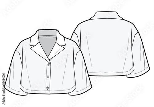 Lapel Collar Button Down Crop Top with Flared Short Sleeve Front and Back View. Fashion Flat Sketch Vector Illustration, CAD, Technical Drawing, Flat Drawing, Template, Mockup.