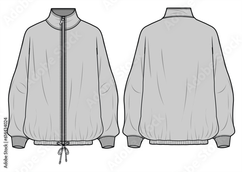 High Neck Raincoat Gathered Hem Drawstring Winter Jacket  Front and Back View. Fashion Flat Sketch Vector Illustration, CAD, Technical Drawing, Flat Drawing, Template, Mockup.