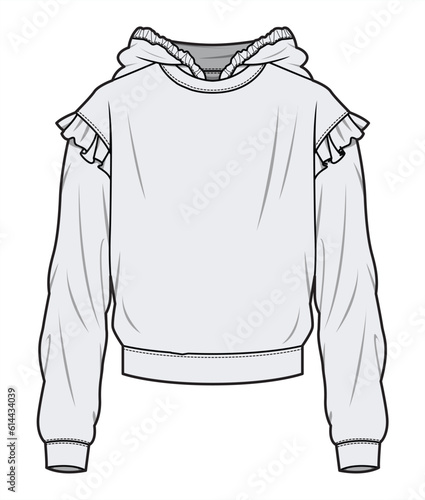 Frill Shoulder Long Sleeve Hoodie Sweater Jackets Fashion Illustration, Vector, CAD, Technical Drawing, Flat Drawing, Template, Mockup.