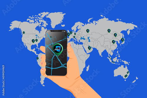 EV Charging App. Hand searching recharging power station for electric battery cars in mobile app EV management zero emission transport.