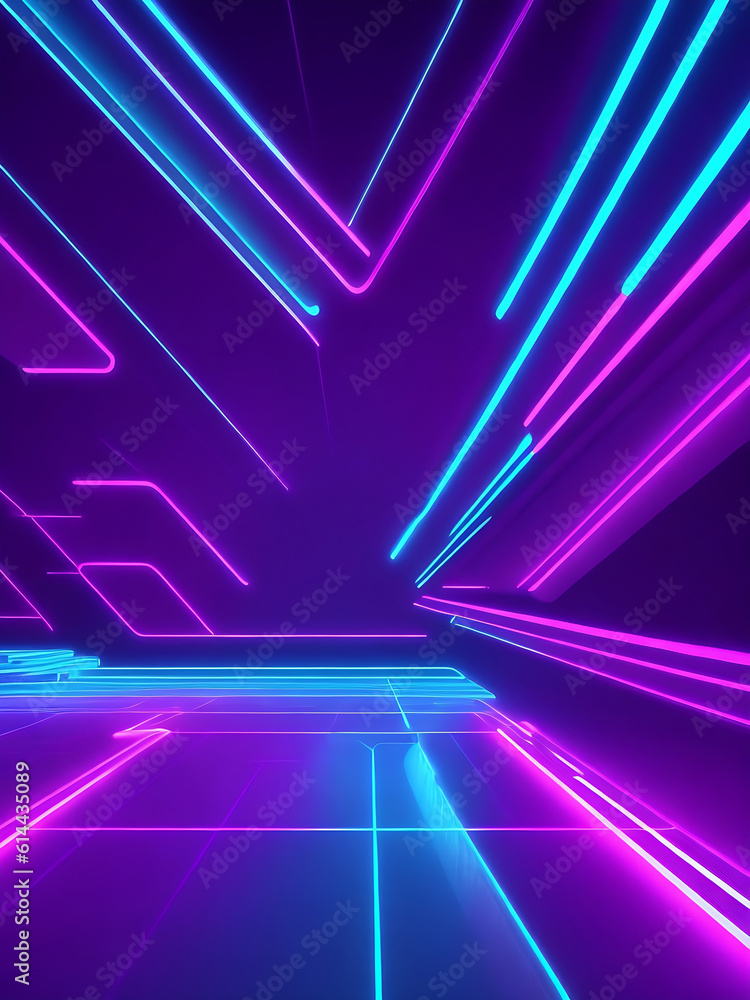 3d Render, abstract minimal neon background,and RGB pink blue neon lines going up, Cyber space. Laser show. Futuristic tach wallpaper.
