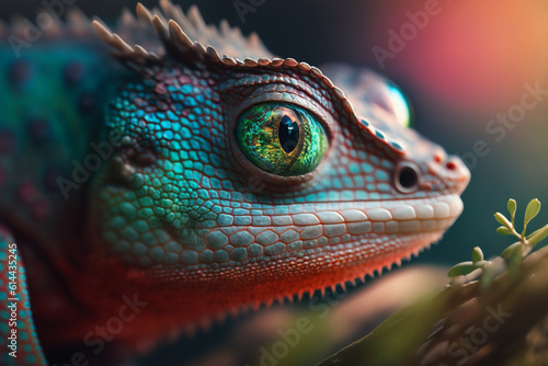 Mesmerizing sight of a chameleon lizard s face in a breathtaking close-up shot. Against the blurred backdrop of nature. Generative AI.