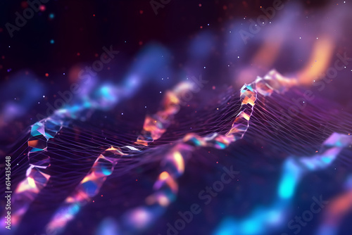 Music abstract background. Molecular background with DNA. Network with connecting dots and lines. Big data visualization. Sound wave. 3d rendering.