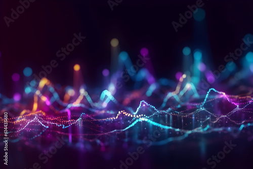 Music abstract background. Molecular background with DNA. Network with connecting dots and lines. Big data visualization. Sound wave. 3d rendering.