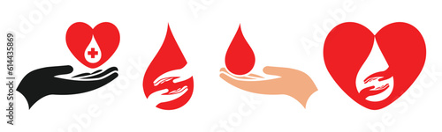Hand holding blood donation sign , Blood donation volunteering charity vector icon set , Blood donor icon set
