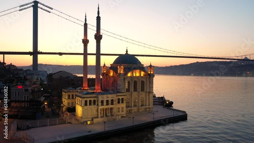 drone footage of buyuk mecidiye mosque, camii in Ortakoy Istanbul at sunset, oe01 photo