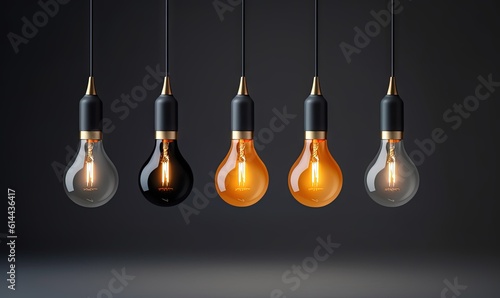  a group of light bulbs hanging from the ceiling in a dark room with one light bulb turned on and the other turned on and turned on. generative ai