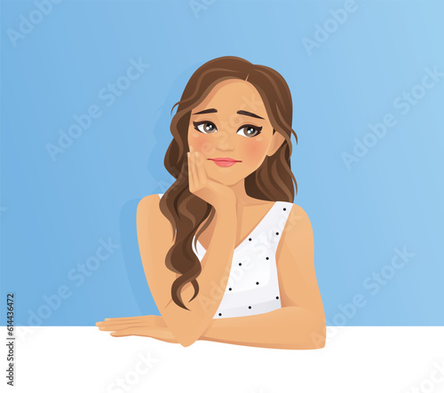 Young frustrated upset sad woman with long curly hair vector illustration on blue background