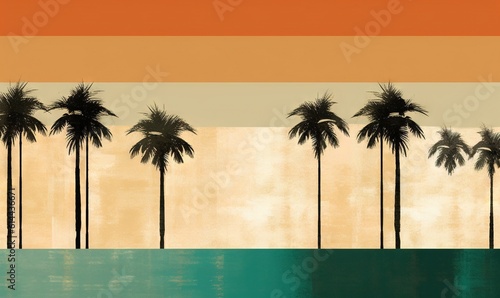  a painting of a row of palm trees in front of a wall with a water reflection in the foreground and a sunset in the background.  generative ai