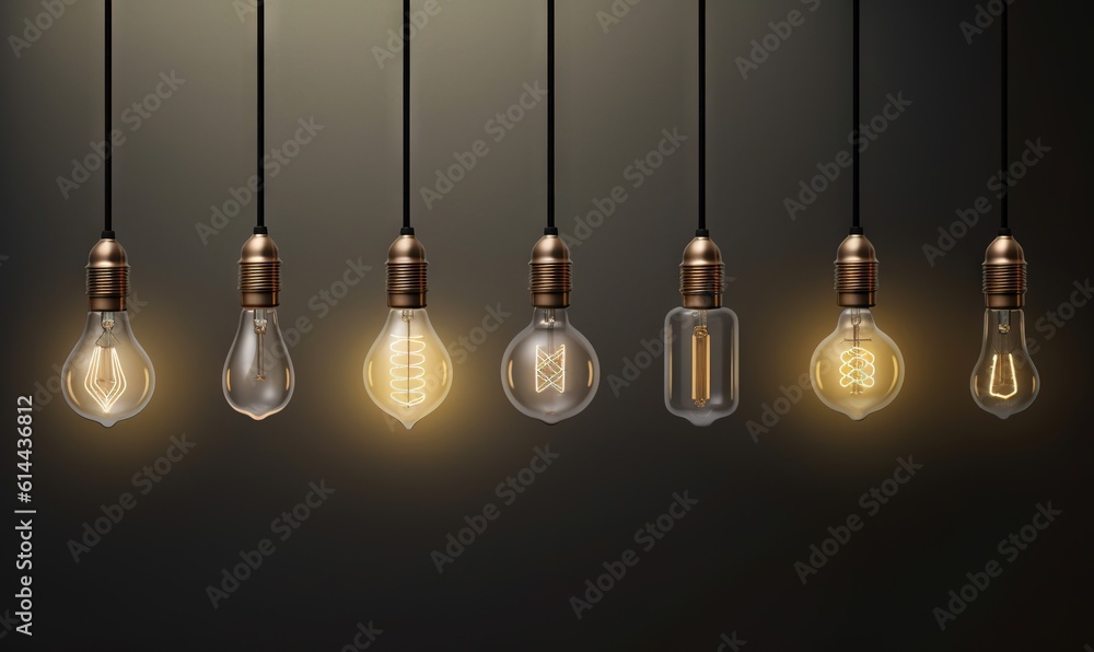a group of light bulbs hanging from a line of lightshades with a light bulb in the middle of the row of the bulbs. generative ai a group of light bulbs hanging from a line of lightshades with a light bulb in the middle of the row of the bulbs. generative ai