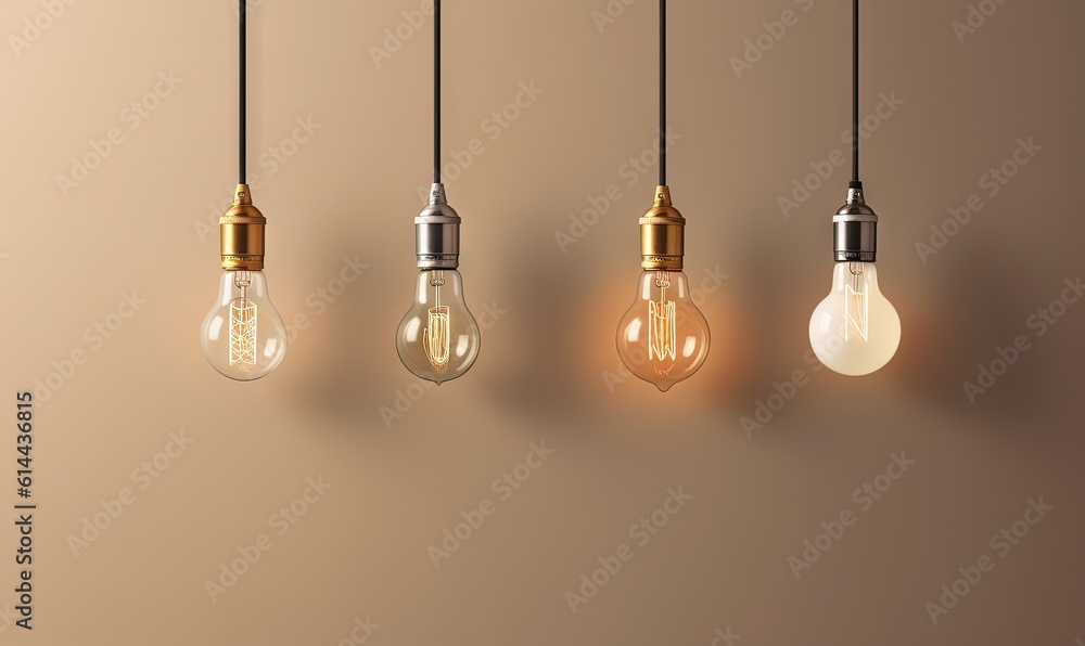 a row of light bulbs hanging from a line of lights on a beige wall with a light bulb in the middle of the row of the row. generative ai a row of light bulbs hanging from a line of lights on a beige wall with a light bulb in the middle of the row of the row. generative ai