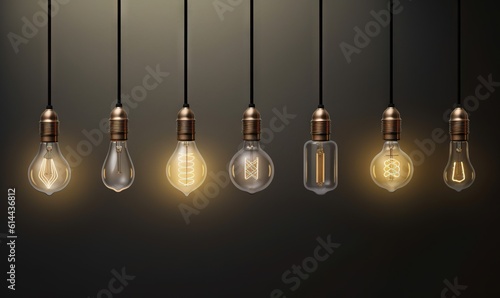  a group of light bulbs hanging from a line of lightshades with a light bulb in the middle of the row of the bulbs. generative ai