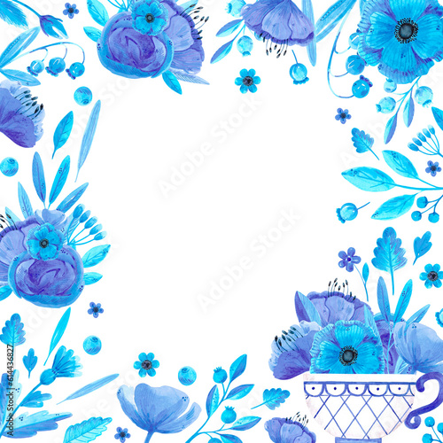 Hand drawn watercolor blue tea cup  flowers and leaves boarder frame. Isolated on white. Can be used for cards  banners  album  label.