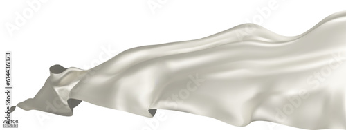 Flying white silk textile fabric flag background. Smooth elegant white Satin Isolated on white Background for grand opening ceremony. White curtain. 3d vector illustration.