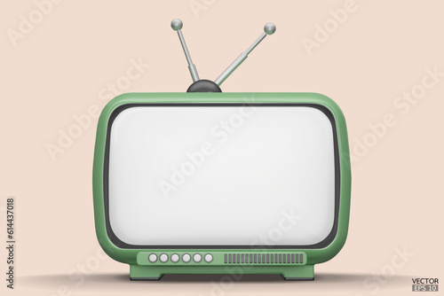 3D render green Vintage Television Cartoon style isolate on  background. Minimal Retro TV. Green analog TV.  Old TV set with antenna. 3d vector illustration.