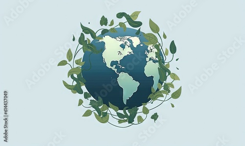  a picture of the earth surrounded by leaves and vines on a light blue background with a blue sky in the background and a green leafy border around the earth.  generative ai