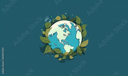  the earth surrounded by green leaves and a fork on a blue background with a blue sky in the background and a green leaf border around the earth.  generative ai