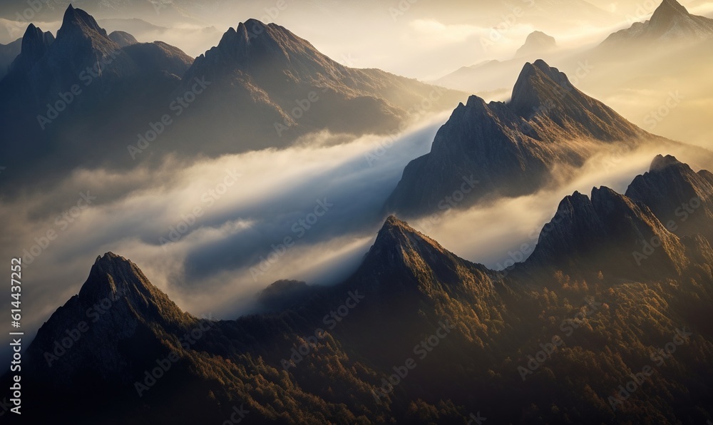  a view of a mountain range covered in fog and clouds from a plane window at sunrise or sunrise, with the sun shining through the clouds.  generative ai