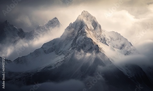  a very tall mountain covered in snow under a cloudy sky with a bird flying over the top of the mountain in the foreground,. generative ai