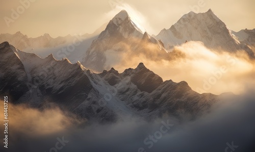  a very tall mountain covered in clouds in the sun light of the setting sun in the distance is the top of the mountain in the foreground. generative ai