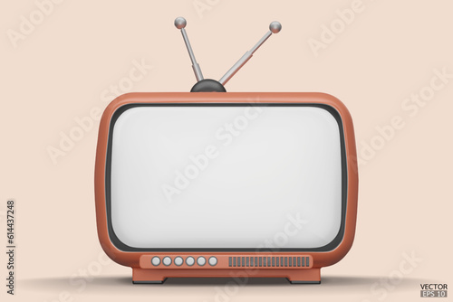 3D render orange Vintage Television Cartoon style isolate on  background. Minimal Retro TV. Orange analog TV. Old TV set with antenna. 3d vector illustration.