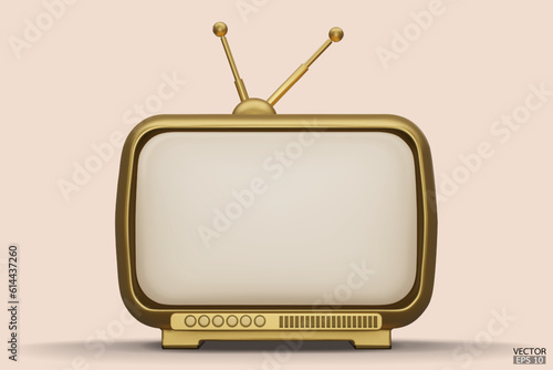 3D render golden Vintage Television Cartoon style isolate on background. Minimal Retro TV. Gold analog TV.  Old TV set with antenna. 3d vector illustration.